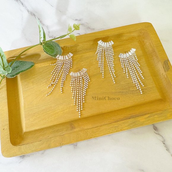 Gold Tone CZ Curved Tapered Baguette Cascading Earrings - Picture 4 of 7